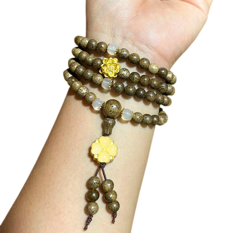 Vòng Trầm Hương 108 Hạt Tốc 6 Ly Mix Hoa Mai, Phối Theo Bản Mệnh